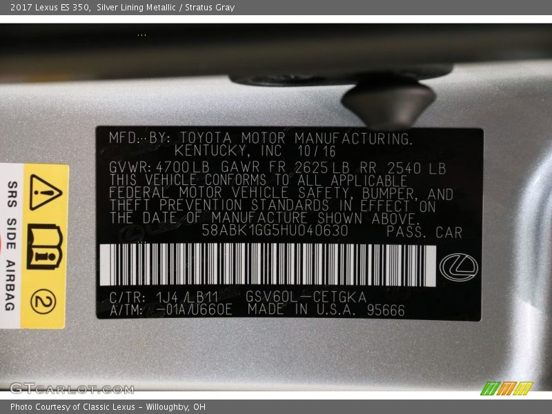 Silver Lining Metallic / Stratus Gray 2017 Lexus ES 350