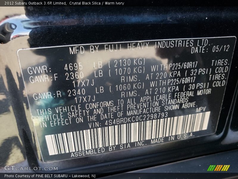 Crystal Black Silica / Warm Ivory 2012 Subaru Outback 3.6R Limited