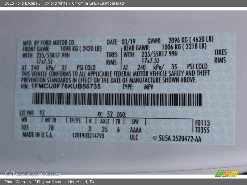 Oxford White / Chromite Gray/Charcoal Black 2019 Ford Escape S