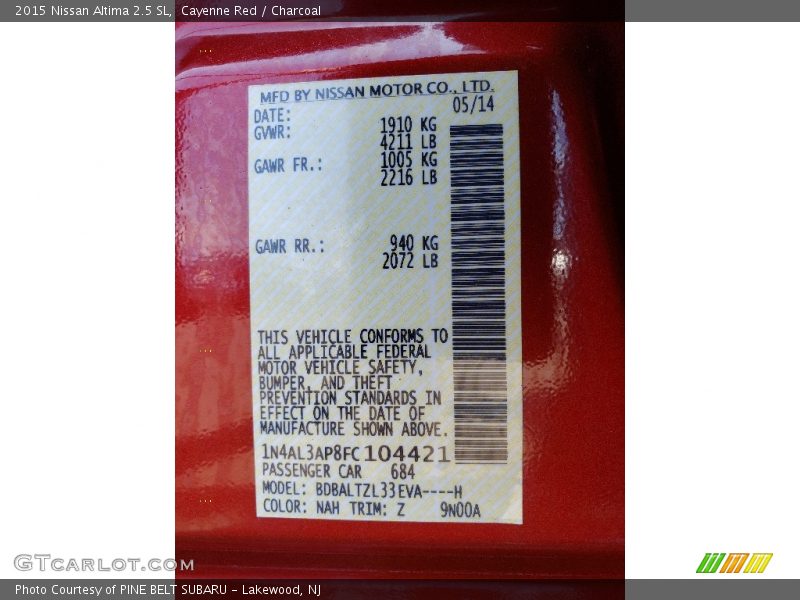 Cayenne Red / Charcoal 2015 Nissan Altima 2.5 SL