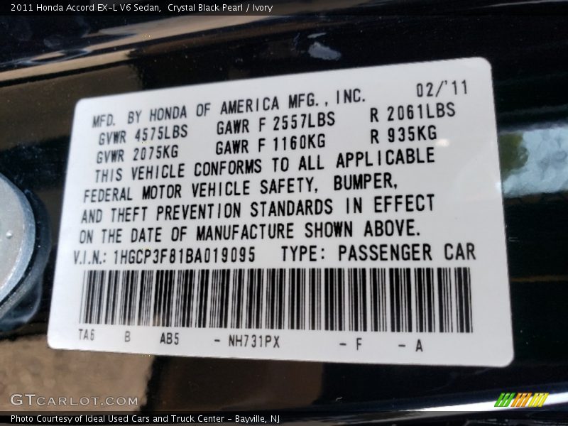 Crystal Black Pearl / Ivory 2011 Honda Accord EX-L V6 Sedan