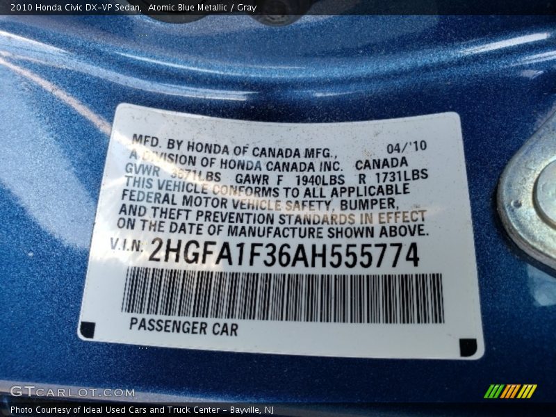 Atomic Blue Metallic / Gray 2010 Honda Civic DX-VP Sedan