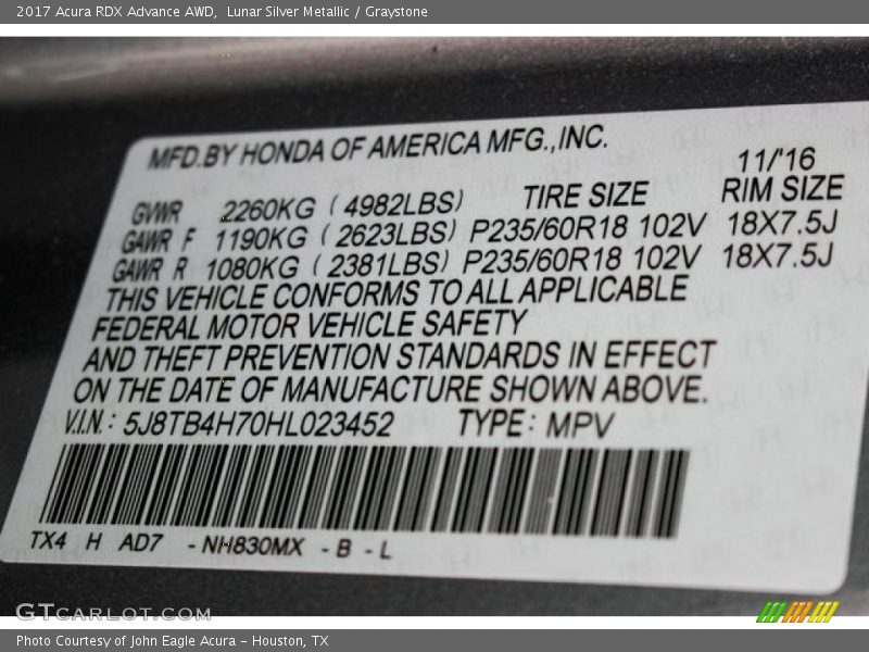 Lunar Silver Metallic / Graystone 2017 Acura RDX Advance AWD