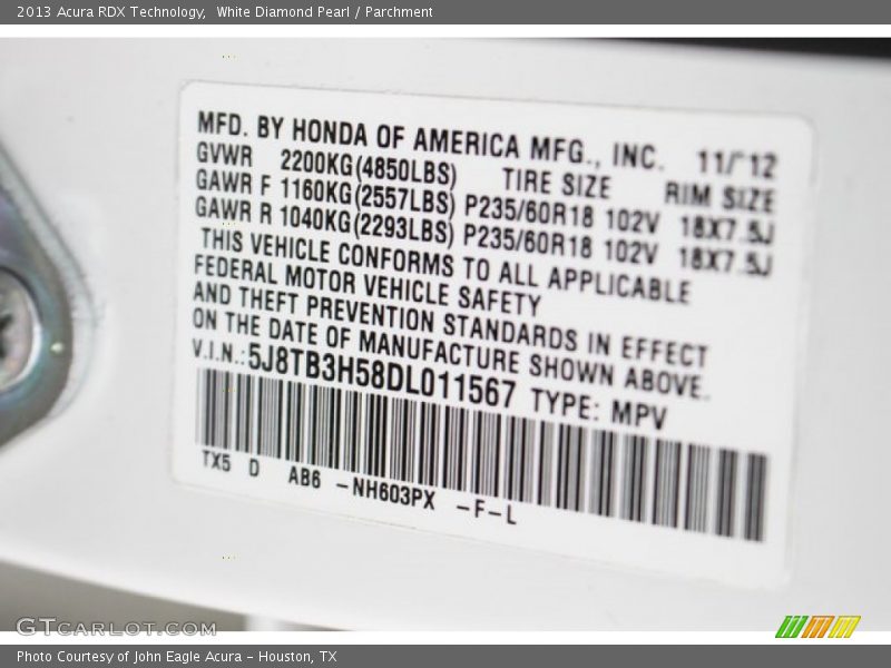 White Diamond Pearl / Parchment 2013 Acura RDX Technology