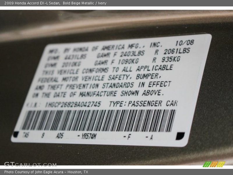 Bold Beige Metallic / Ivory 2009 Honda Accord EX-L Sedan