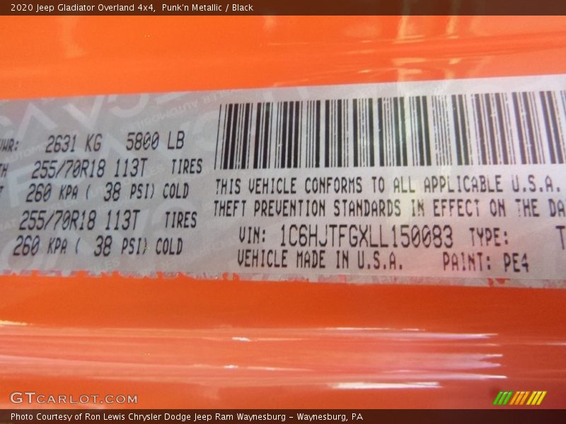 2020 Gladiator Overland 4x4 Punk'n Metallic Color Code PE4