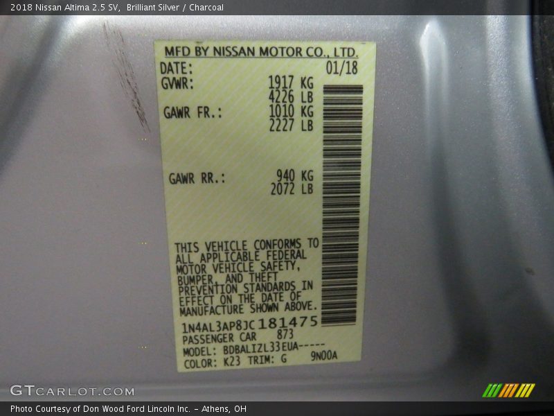 Brilliant Silver / Charcoal 2018 Nissan Altima 2.5 SV