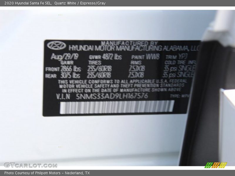 Quartz White / Espresso/Gray 2020 Hyundai Santa Fe SEL