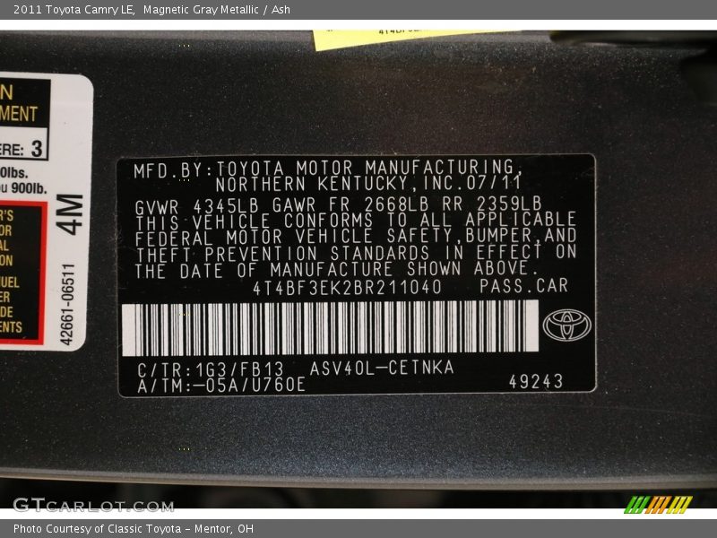 Magnetic Gray Metallic / Ash 2011 Toyota Camry LE