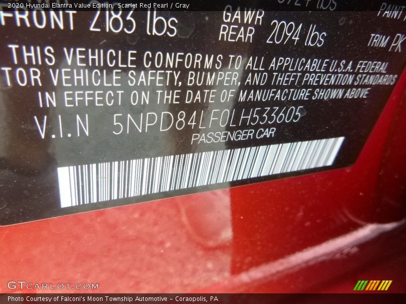 Scarlet Red Pearl / Gray 2020 Hyundai Elantra Value Edition