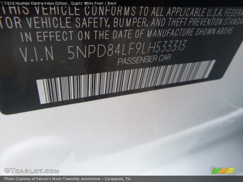 Quartz White Pearl / Black 2020 Hyundai Elantra Value Edition