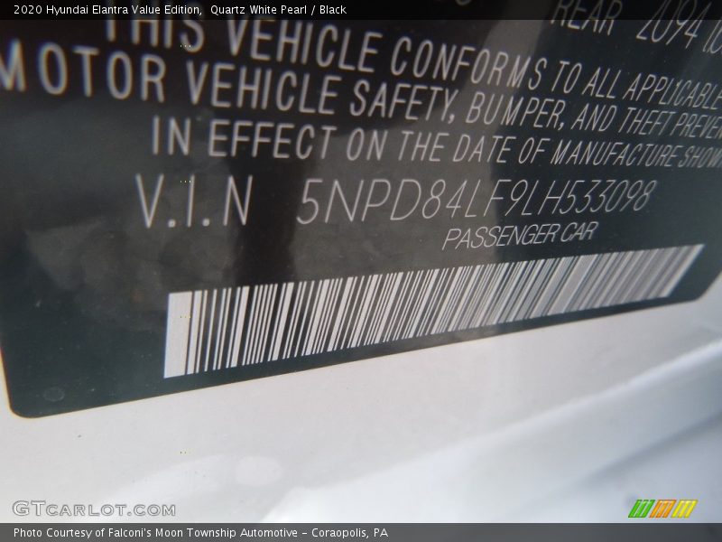 Quartz White Pearl / Black 2020 Hyundai Elantra Value Edition
