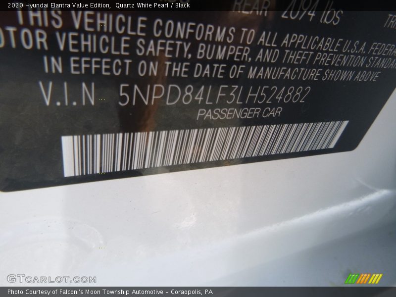 Quartz White Pearl / Black 2020 Hyundai Elantra Value Edition