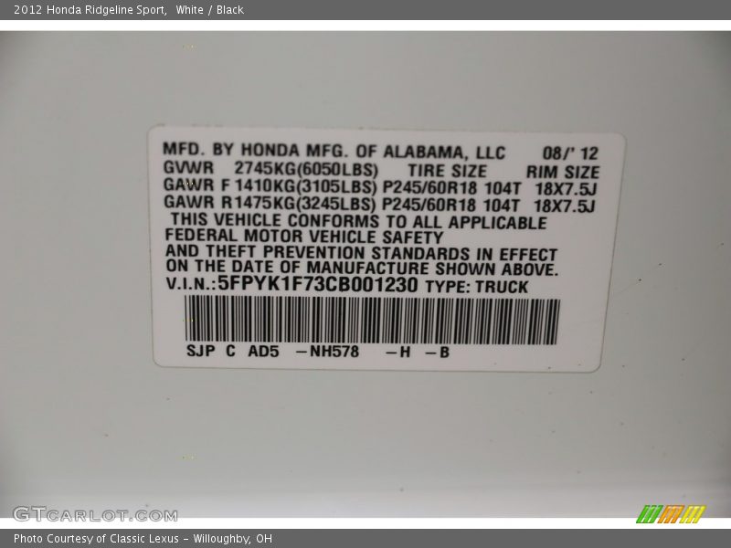 White / Black 2012 Honda Ridgeline Sport