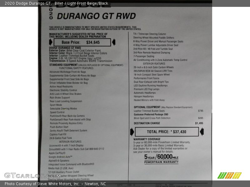 Billet / Light Frost Beige/Black 2020 Dodge Durango GT
