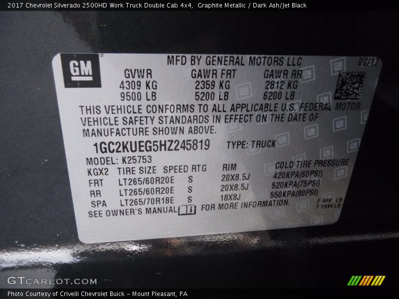 Graphite Metallic / Dark Ash/Jet Black 2017 Chevrolet Silverado 2500HD Work Truck Double Cab 4x4