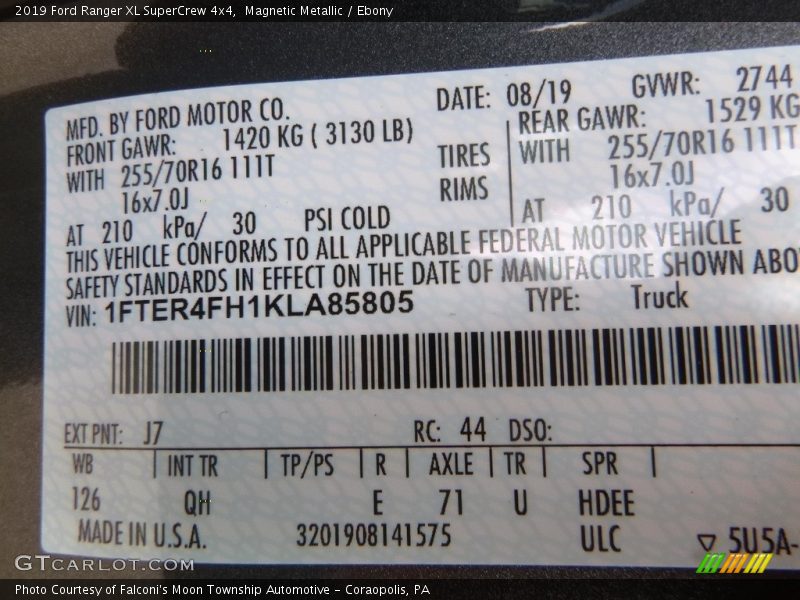 2019 Ranger XL SuperCrew 4x4 Magnetic Metallic Color Code J7