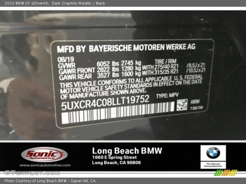 Dark Graphite Metallic / Black 2020 BMW X5 sDrive40i