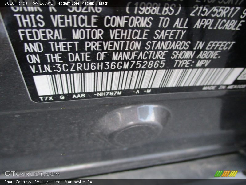 Modern Steel Metallic / Black 2016 Honda HR-V LX AWD