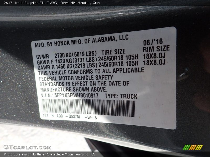 Forest Mist Metallic / Gray 2017 Honda Ridgeline RTL-T AWD