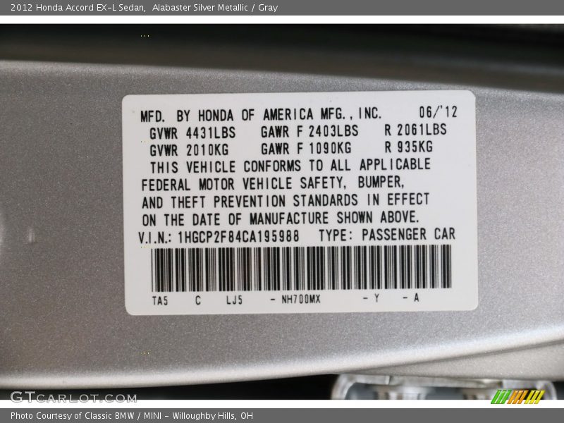 Alabaster Silver Metallic / Gray 2012 Honda Accord EX-L Sedan