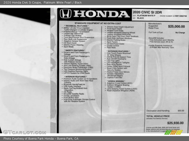  2020 Civic Si Coupe Window Sticker