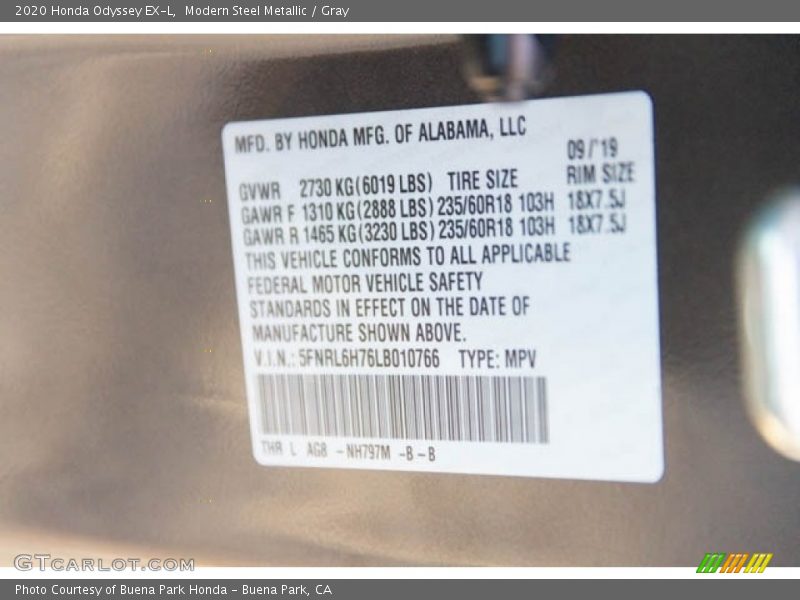 Modern Steel Metallic / Gray 2020 Honda Odyssey EX-L