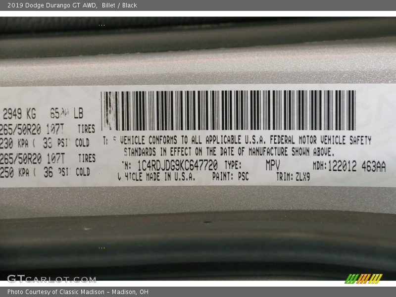 Billet / Black 2019 Dodge Durango GT AWD