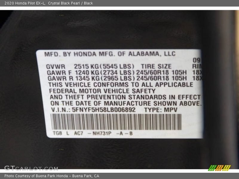 Crystal Black Pearl / Black 2020 Honda Pilot EX-L