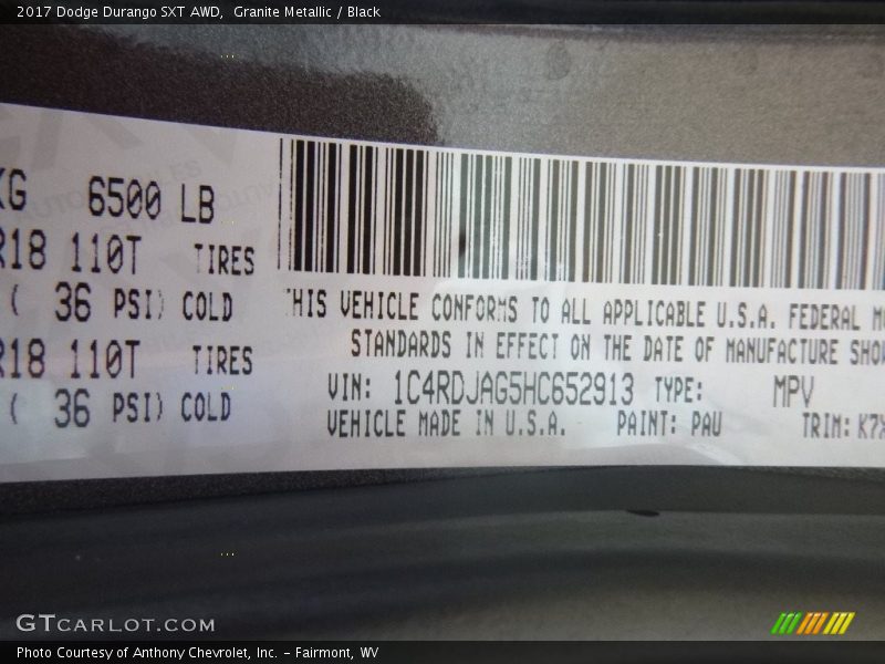 Granite Metallic / Black 2017 Dodge Durango SXT AWD