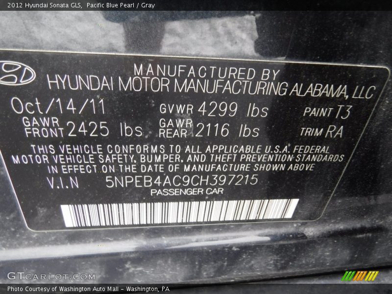 Pacific Blue Pearl / Gray 2012 Hyundai Sonata GLS
