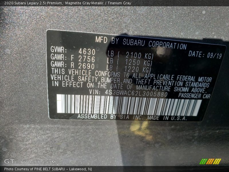 Magnetite Gray Metallic / Titanium Gray 2020 Subaru Legacy 2.5i Premium