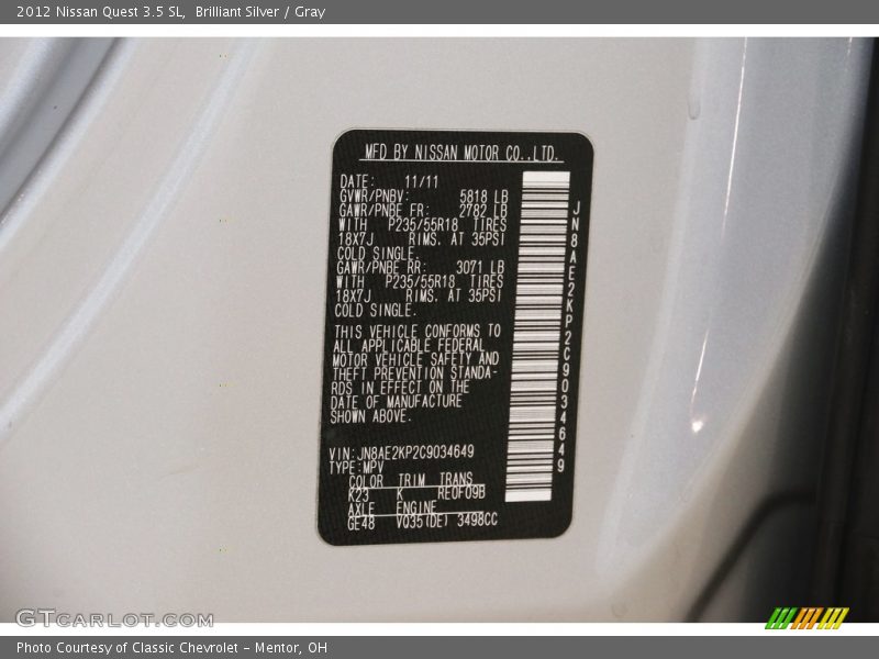 Brilliant Silver / Gray 2012 Nissan Quest 3.5 SL