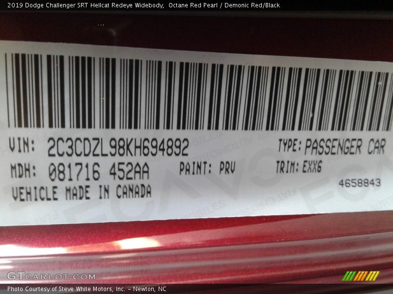 2019 Challenger SRT Hellcat Redeye Widebody Octane Red Pearl Color Code PRV
