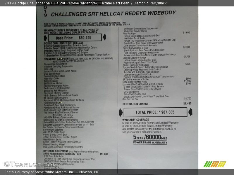  2019 Challenger SRT Hellcat Redeye Widebody Window Sticker