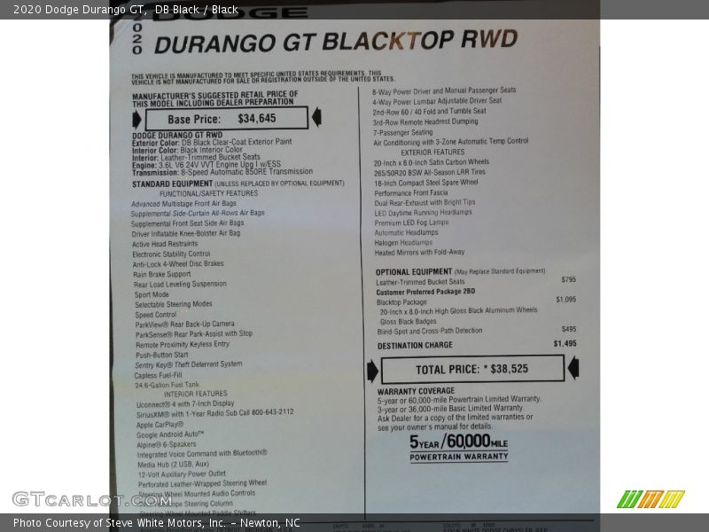 DB Black / Black 2020 Dodge Durango GT
