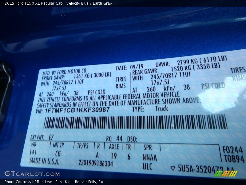 Velocity Blue / Earth Gray 2019 Ford F150 XL Regular Cab