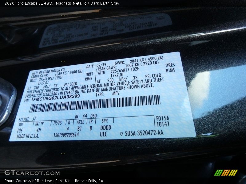 Magnetic Metallic / Dark Earth Gray 2020 Ford Escape SE 4WD