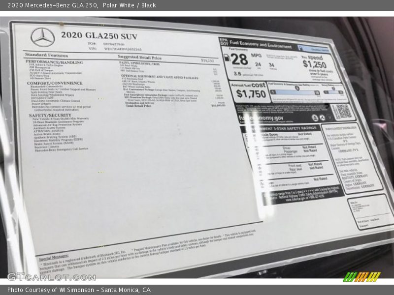 Polar White / Black 2020 Mercedes-Benz GLA 250