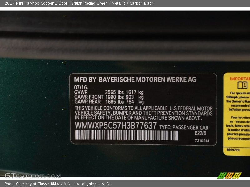 British Racing Green II Metallic / Carbon Black 2017 Mini Hardtop Cooper 2 Door