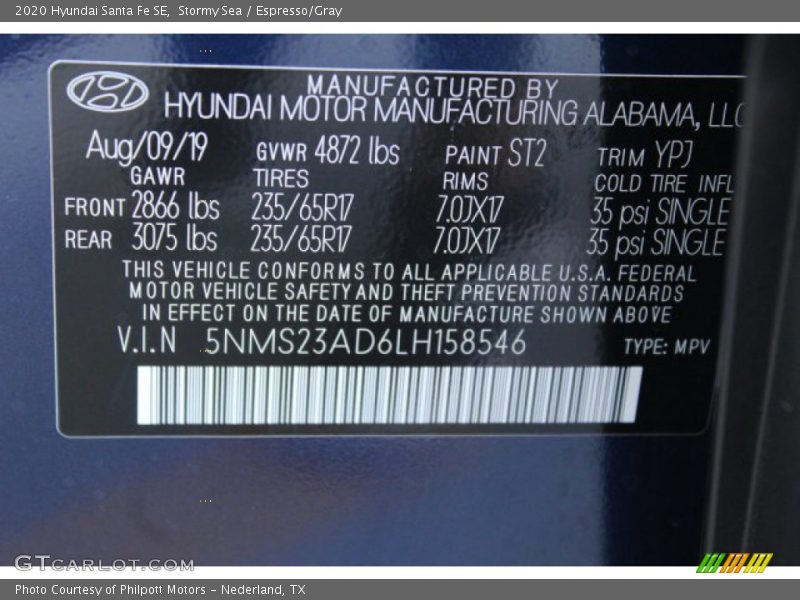Stormy Sea / Espresso/Gray 2020 Hyundai Santa Fe SE