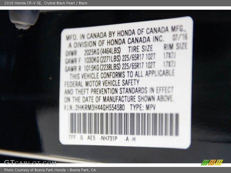 Crystal Black Pearl / Black 2016 Honda CR-V SE