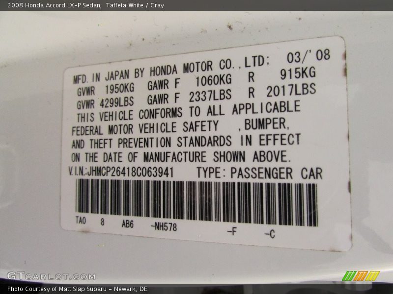 Taffeta White / Gray 2008 Honda Accord LX-P Sedan