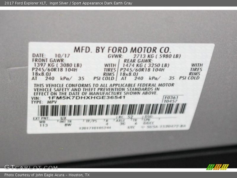 Ingot Silver / Sport Appearance Dark Earth Gray 2017 Ford Explorer XLT