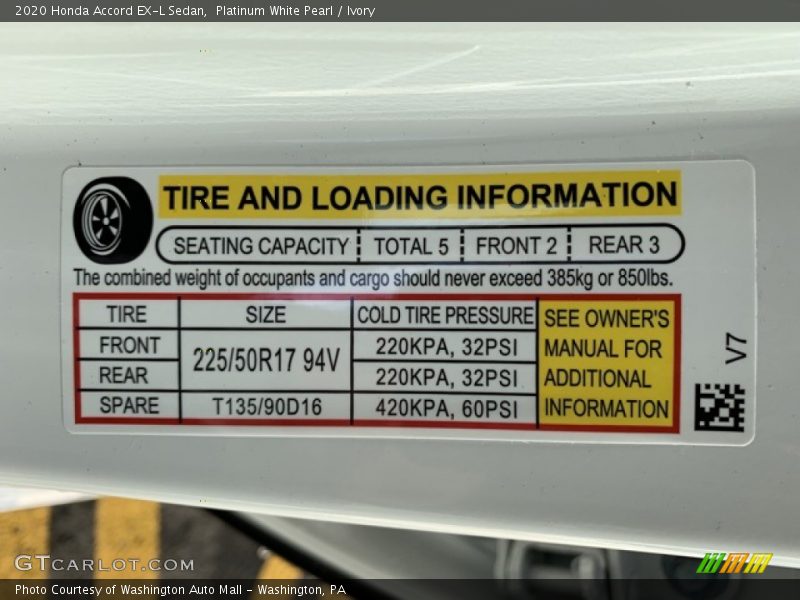Info Tag of 2020 Accord EX-L Sedan