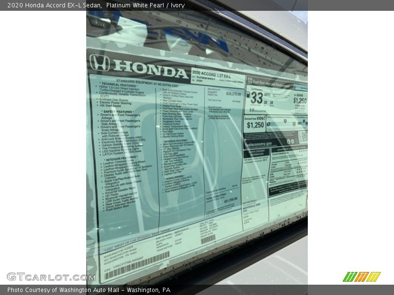 Platinum White Pearl / Ivory 2020 Honda Accord EX-L Sedan