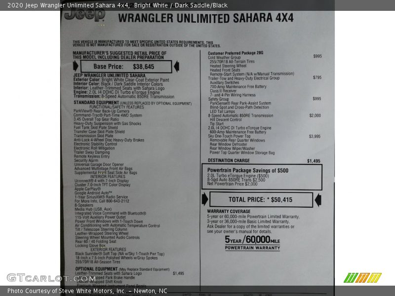 Bright White / Dark Saddle/Black 2020 Jeep Wrangler Unlimited Sahara 4x4