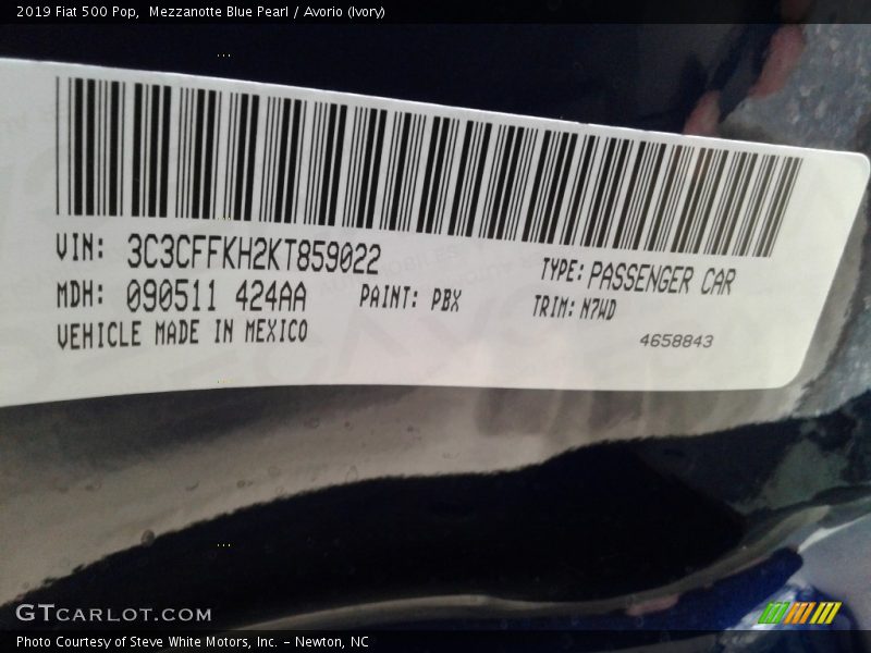 2019 500 Pop Mezzanotte Blue Pearl Color Code PBX