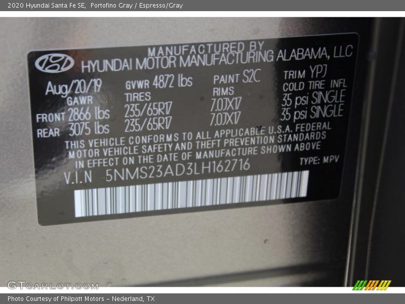 Portofino Gray / Espresso/Gray 2020 Hyundai Santa Fe SE