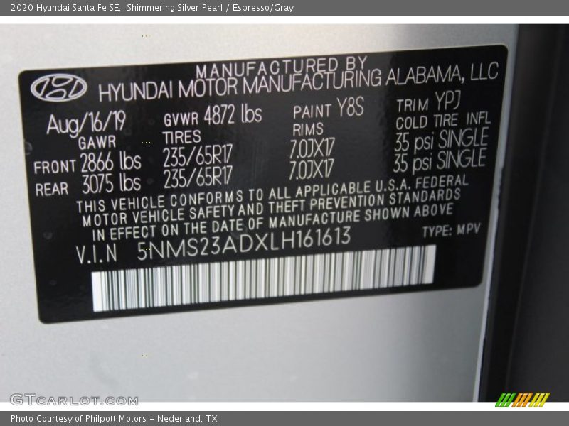 Shimmering Silver Pearl / Espresso/Gray 2020 Hyundai Santa Fe SE